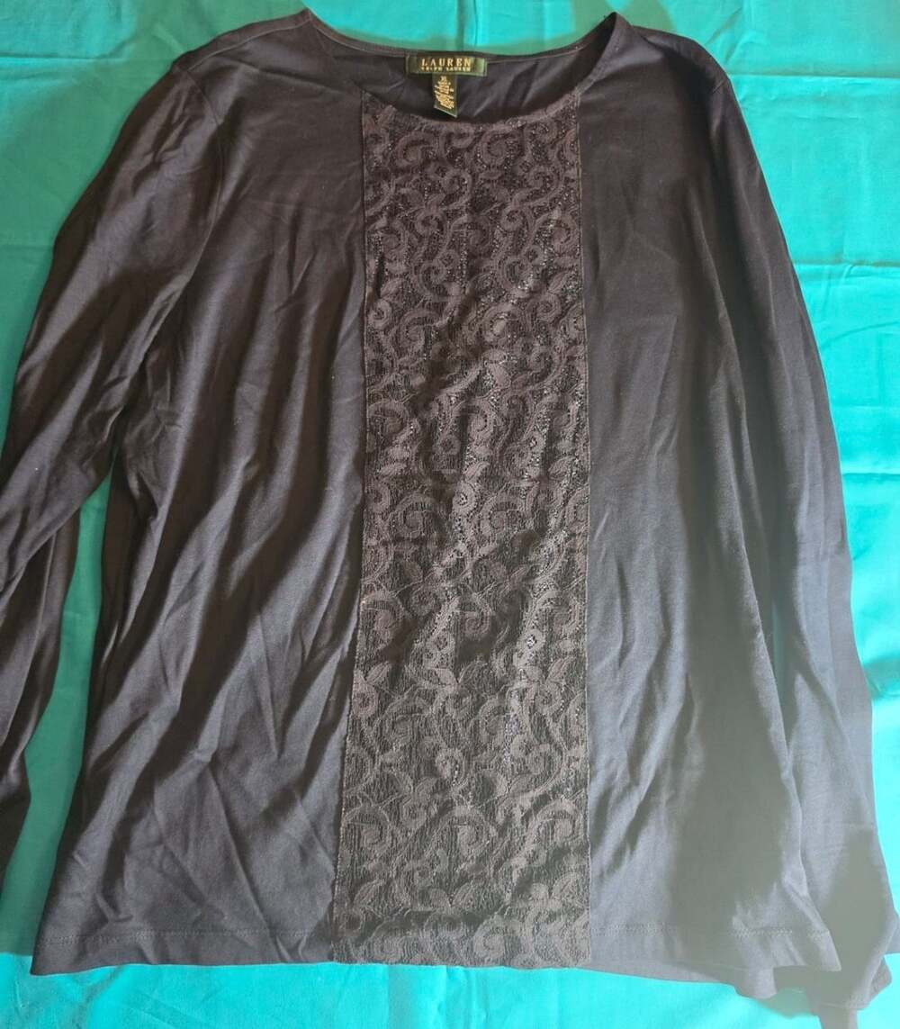 Lauren Ralph Lauren Blue Cotton Long Sleeve Lace Panel Top